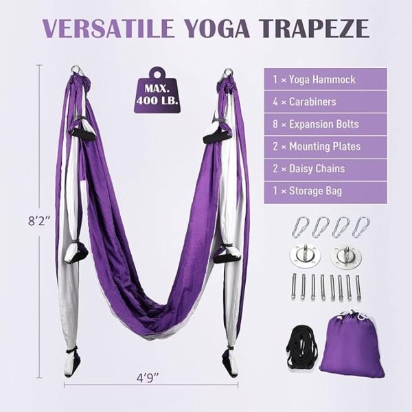 Yoga Swing Sling Kit – Strong Hammock Trapeze with 2 Extension Straps and Ceiling Mounting Kit for Inversion Therapy and Flexibility - Image 6