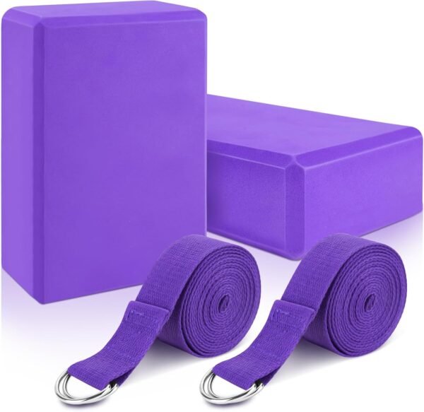 Yoga Blocks with Strap – 2 High-Density EVA Foam Yoga Blocks & 2 Stretching Straps | Non-Slip, Lightweight & Supportive
